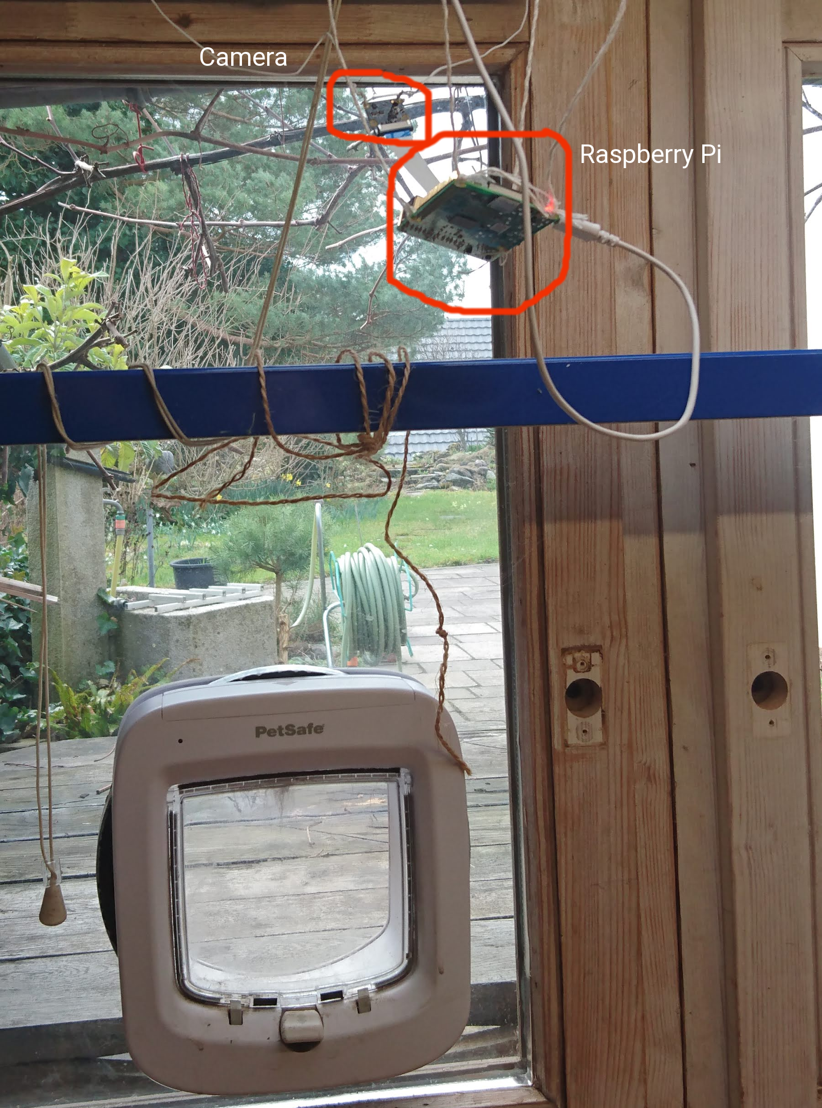 Raspberry Pi and Camera suspended above cat flap